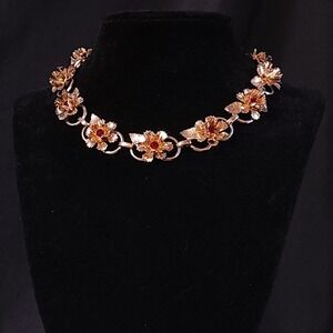 Vintage LERU Gold Tone Red Rhinestone Floral Necklace